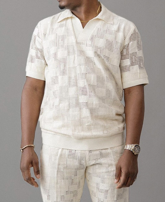 OK Casual Plain Hollow Breathable Polo Shirt & Pants 2Pcs Set